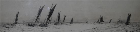 William Lionel Wyllie (1851-1931) Yacht racing off the coast 3.5 x 14in.